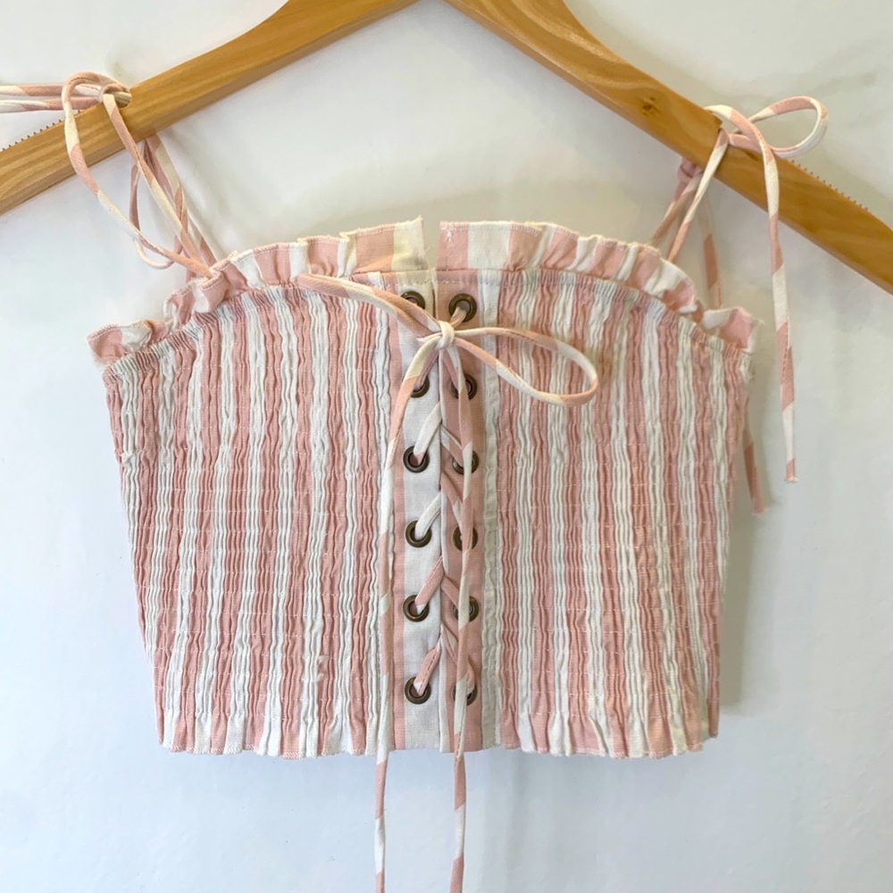 White and pink gathered crop top, lace up bodice